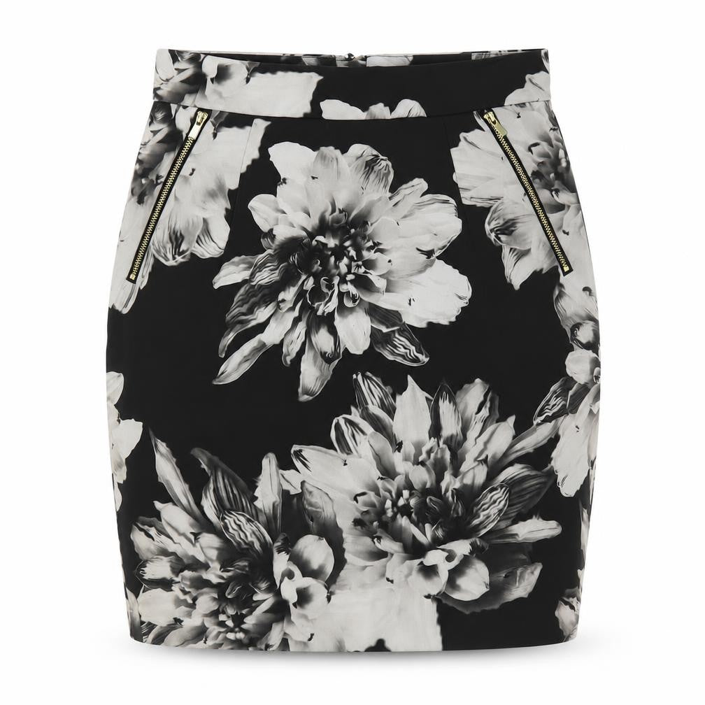 H&M Womens Black Floral Polyester Straight & Pencil Skirt Size 8 Zip