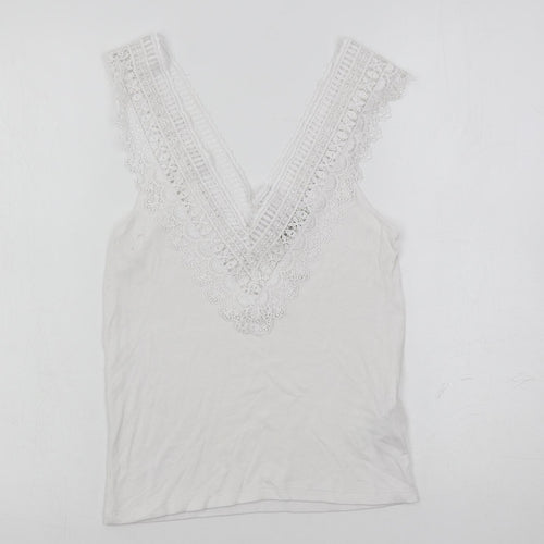Stradivarius Womens White Viscose Basic Tank Size M V-Neck - Lace Detail