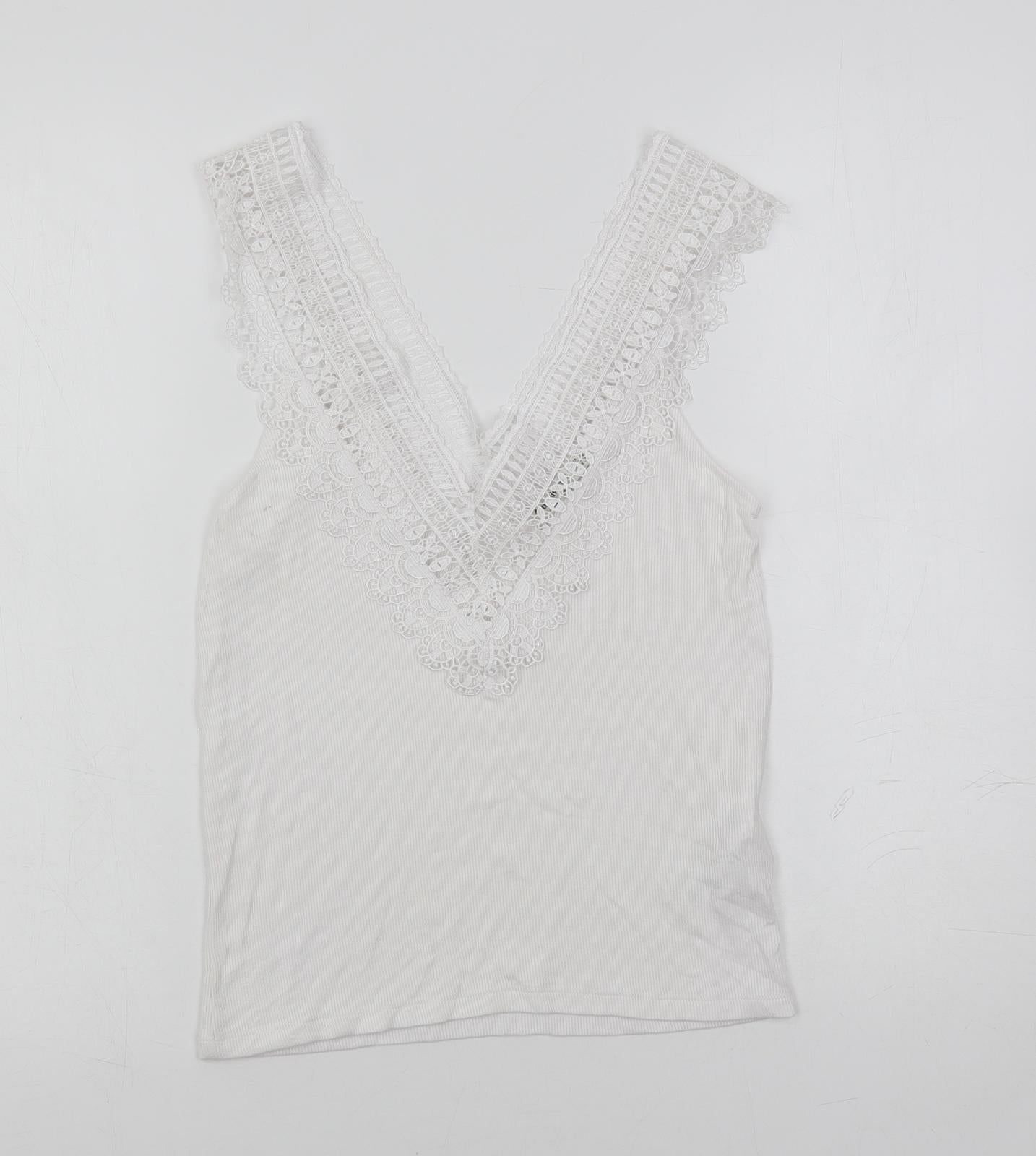Stradivarius Womens White Viscose Basic Tank Size M V-Neck - Lace Detail