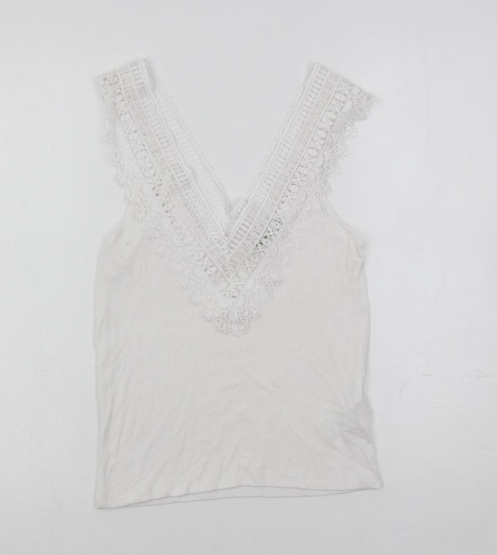 Stradivarius Womens White Viscose Basic Tank Size M V-Neck - Lace Detail