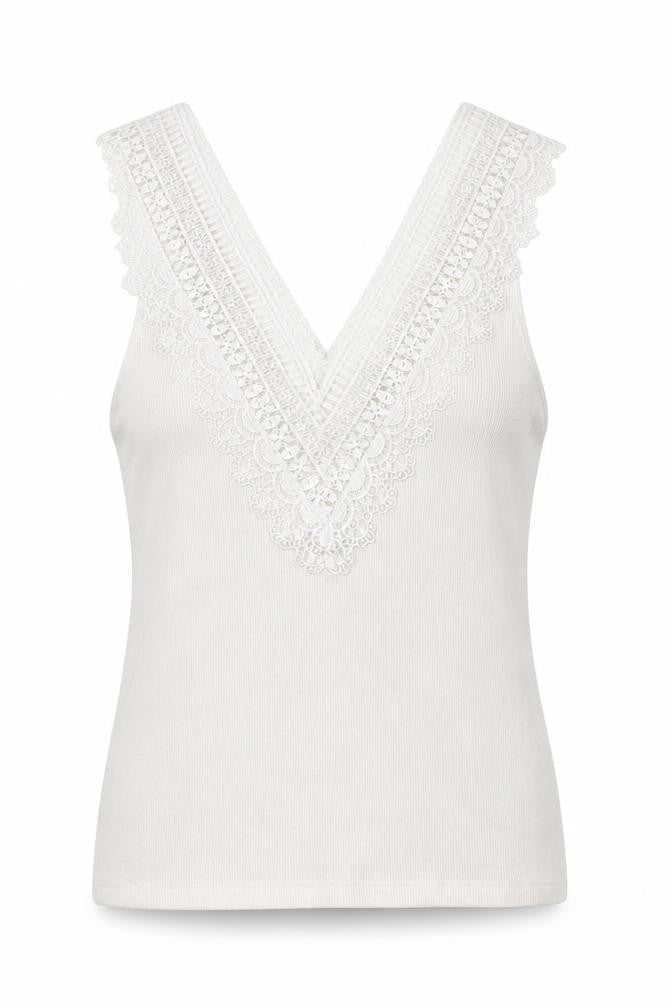 Front view of Stradivarius women’s white viscose basic tank, size M, v-neck - lace detail