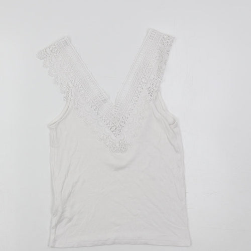 Stradivarius Womens White Viscose Basic Tank Size M V-Neck - Lace Detail