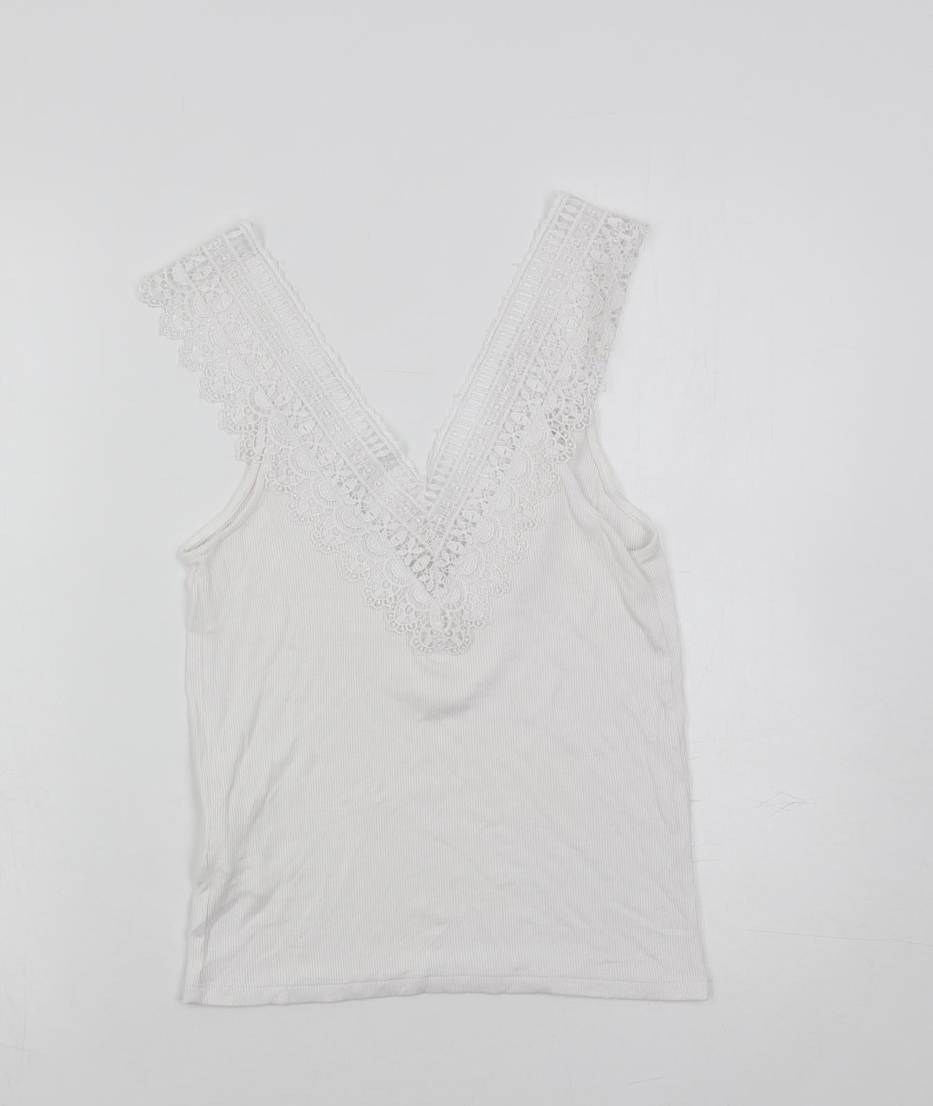 Stradivarius Womens White Viscose Basic Tank Size M V-Neck - Lace Detail