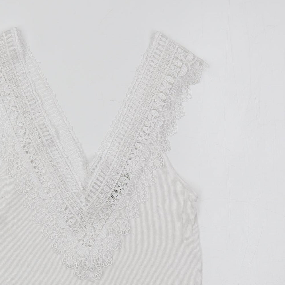 Stradivarius Womens White Viscose Basic Tank Size M V-Neck - Lace Detail