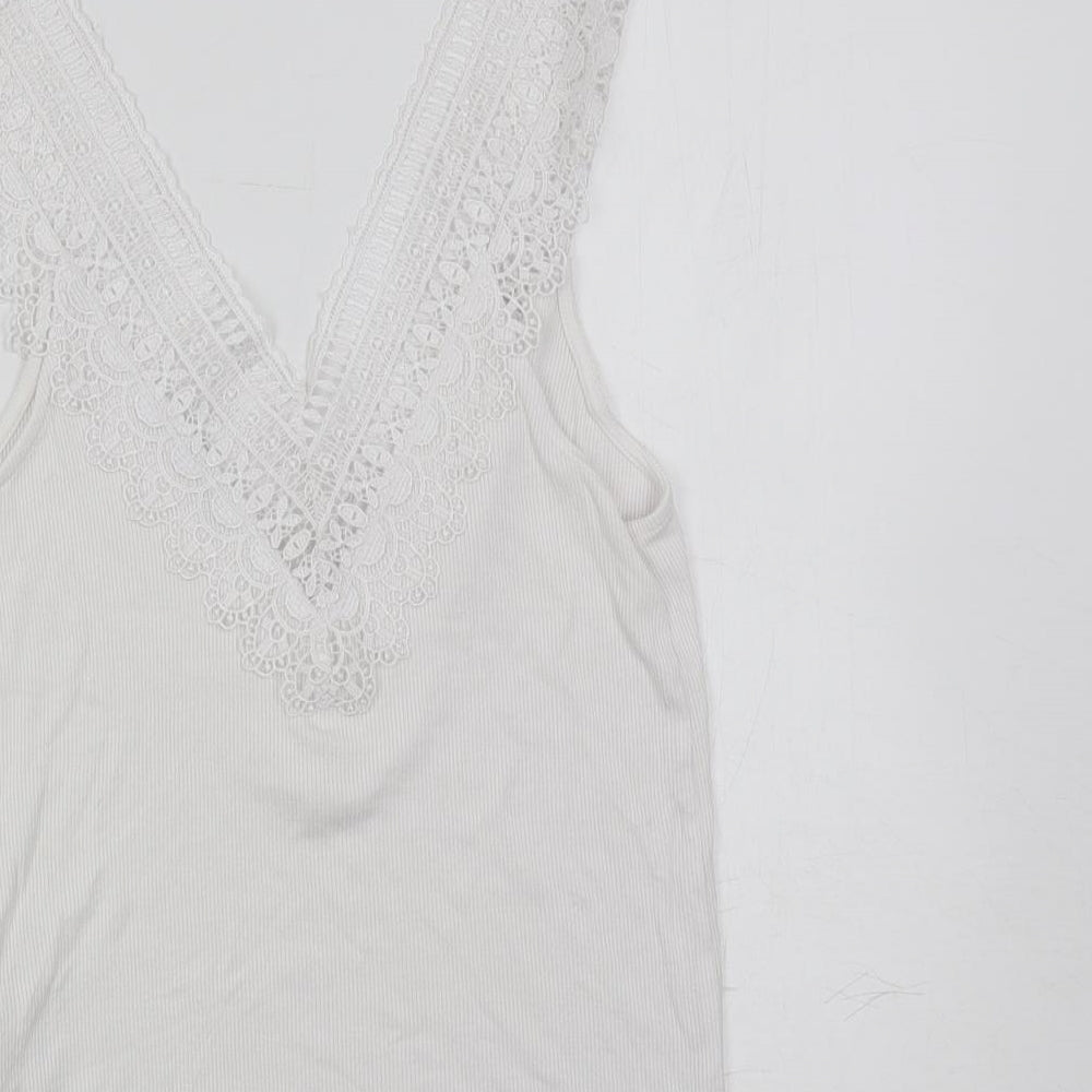 Stradivarius Womens White Viscose Basic Tank Size M V-Neck - Lace Detail