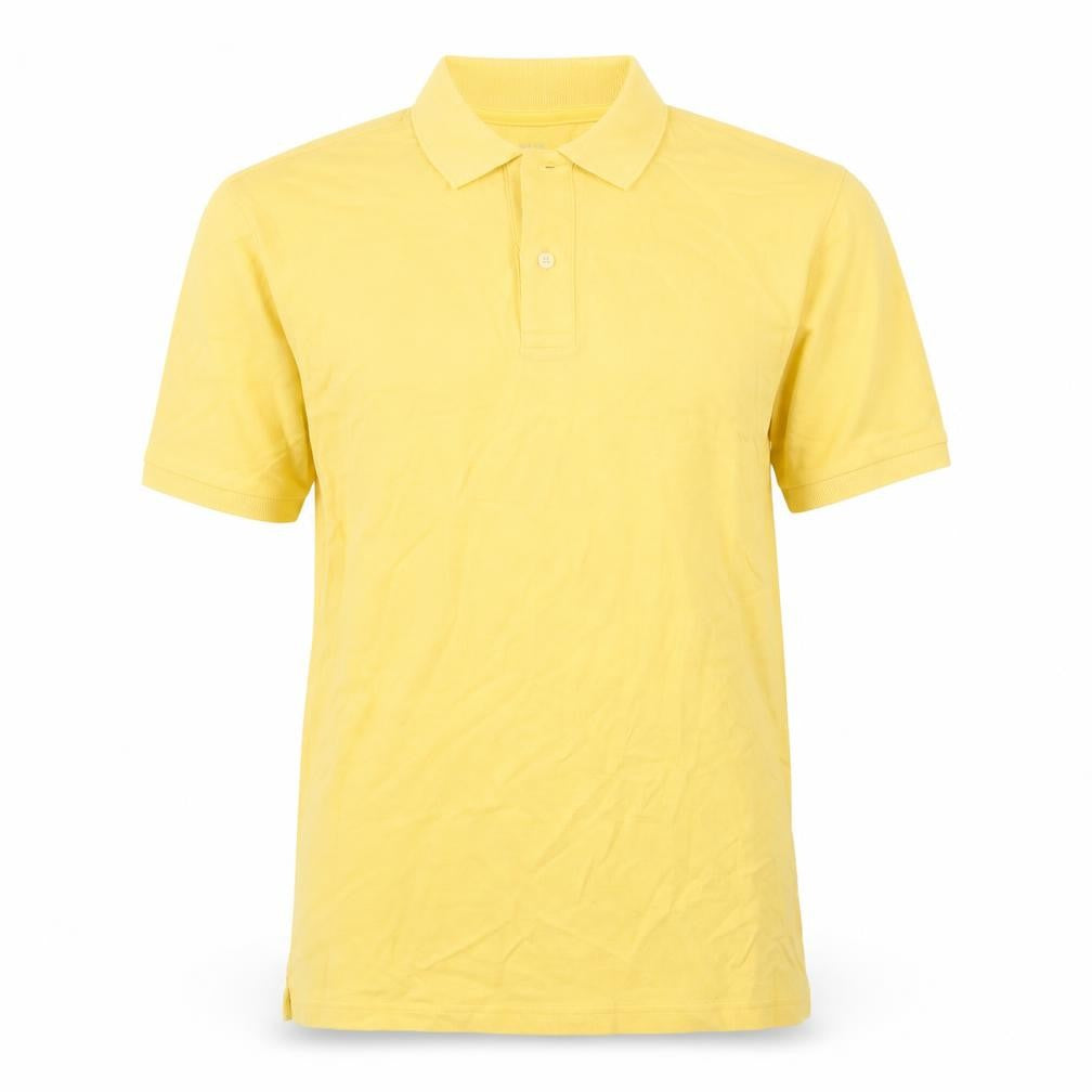 Front view of Marks & Spencer men’s yellow cotton polo, size S, collared button