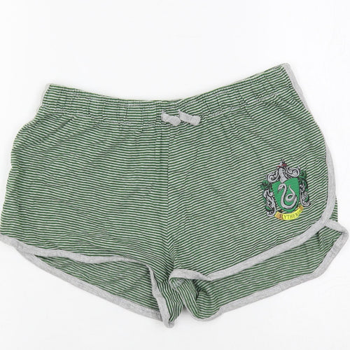 Harry Potter Womens Green Striped Cotton Sweat Shorts Size 10 L3 in Regular Drawstring - Elastic Waist