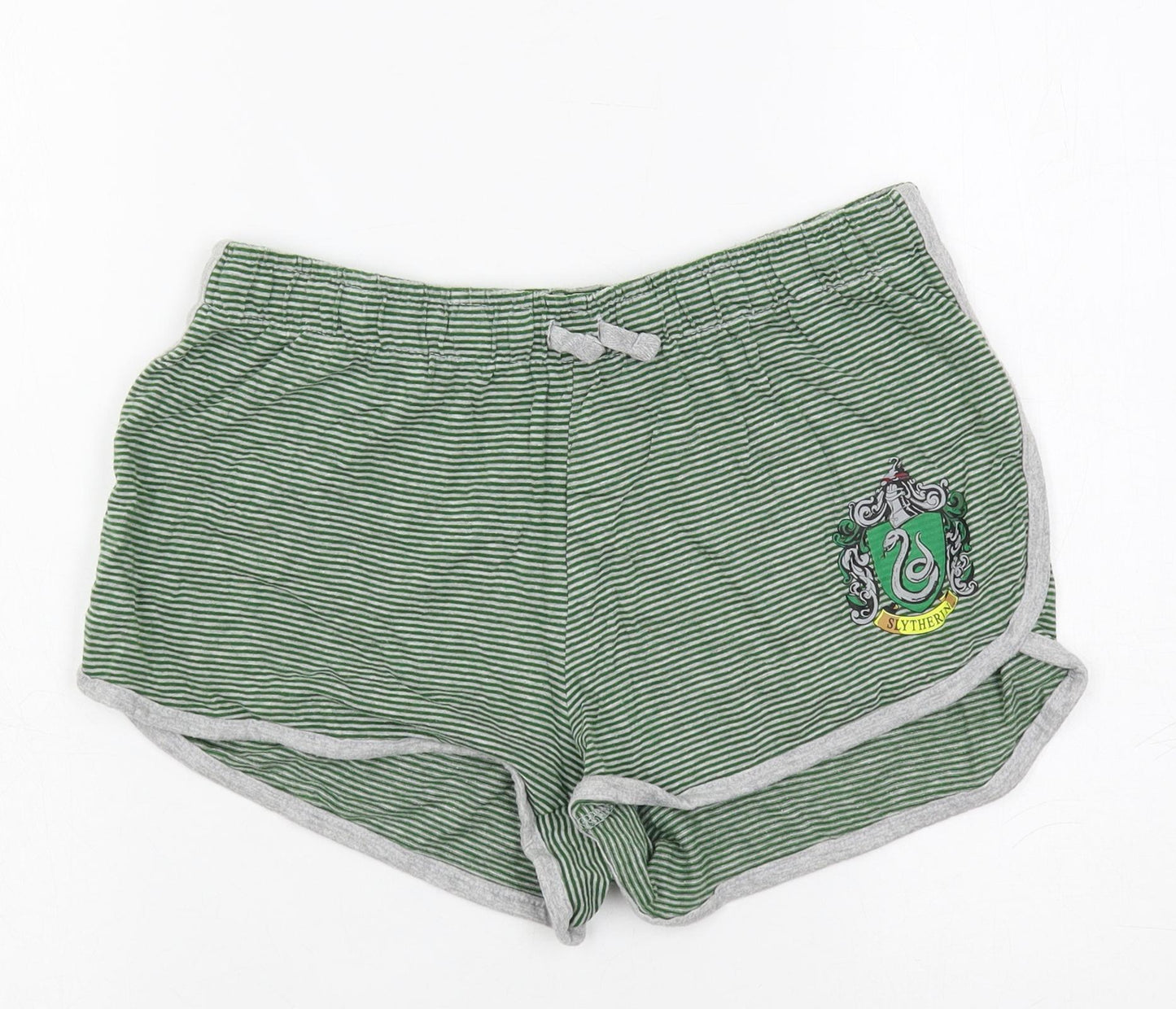 Harry Potter Womens Green Striped Cotton Sweat Shorts Size 10 L3 in Regular Drawstring - Elastic Waist