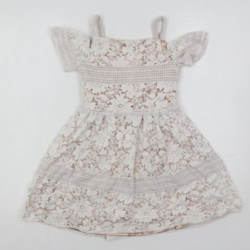 River Island Girls White Cotton Fit & Flare Size 7 Years Square Neck Zip - Lined