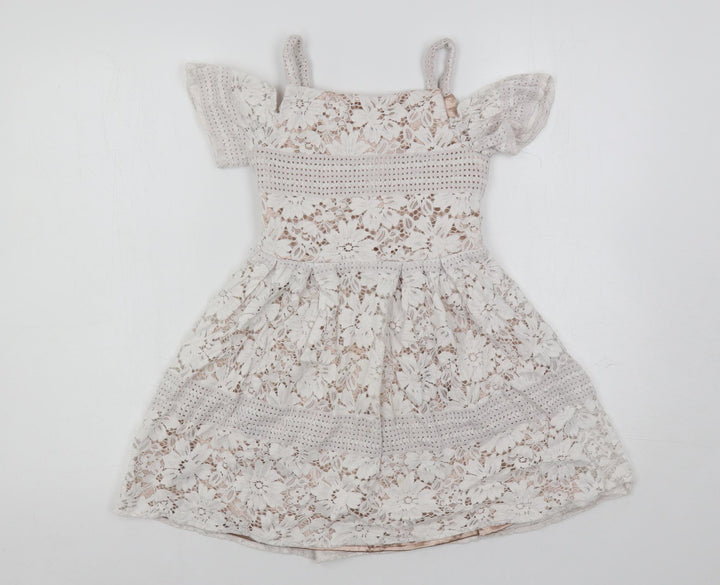 River Island Girls White Cotton Fit & Flare Size 7 Years Square Neck Zip - Lined