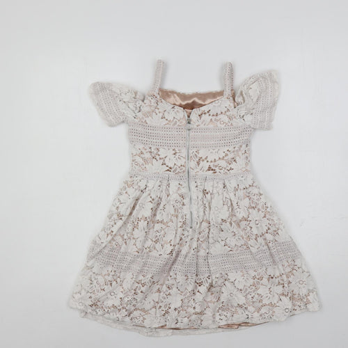 River Island Girls White Cotton Fit & Flare Size 7 Years Square Neck Zip - Lined