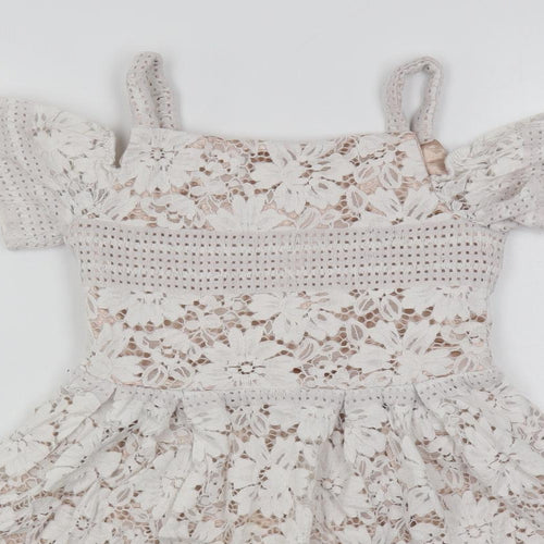 River Island Girls White Cotton Fit & Flare Size 7 Years Square Neck Zip - Lined