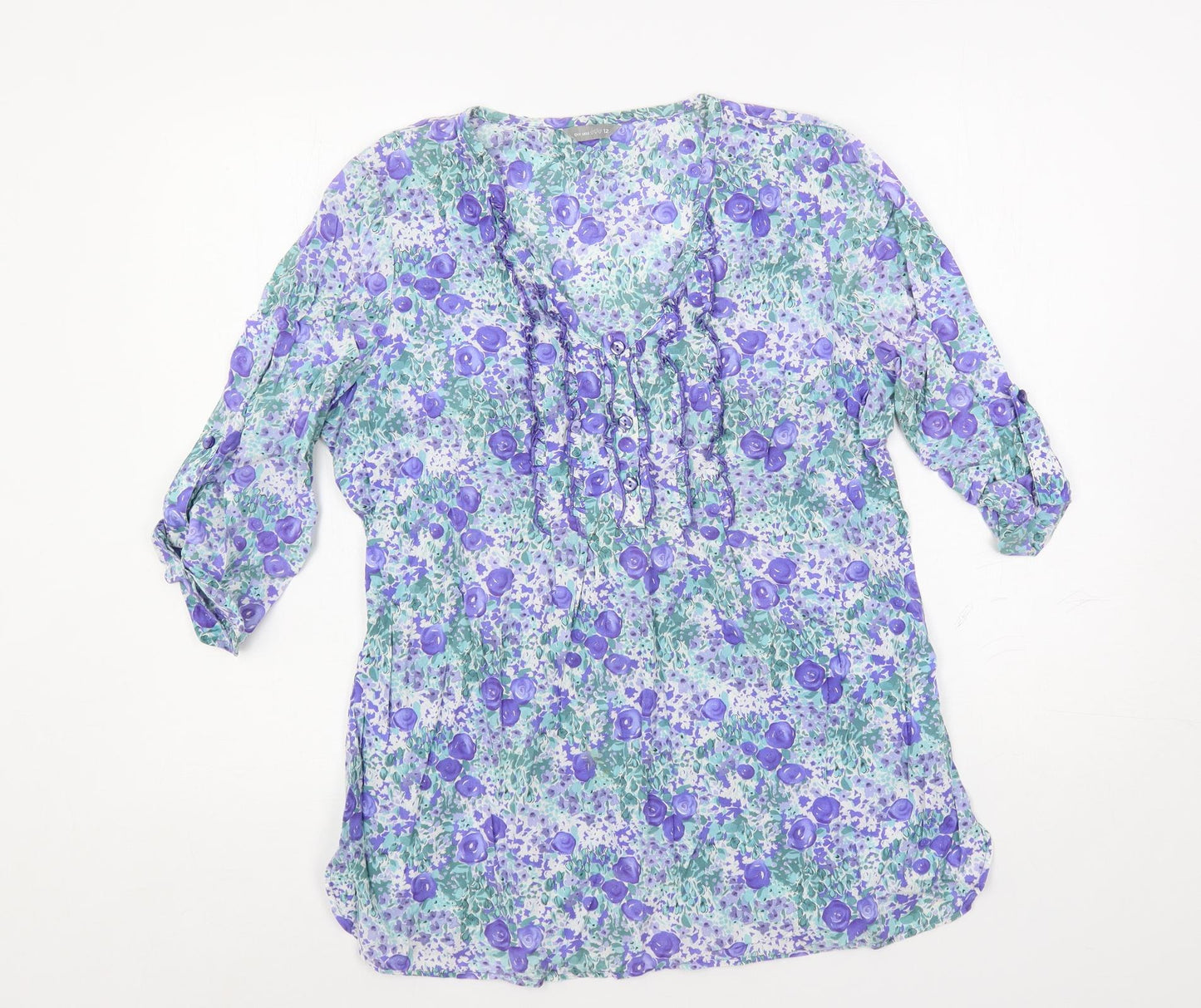 Per Una Womens Blue Floral Cotton Basic Blouse Size 12 V-Neck