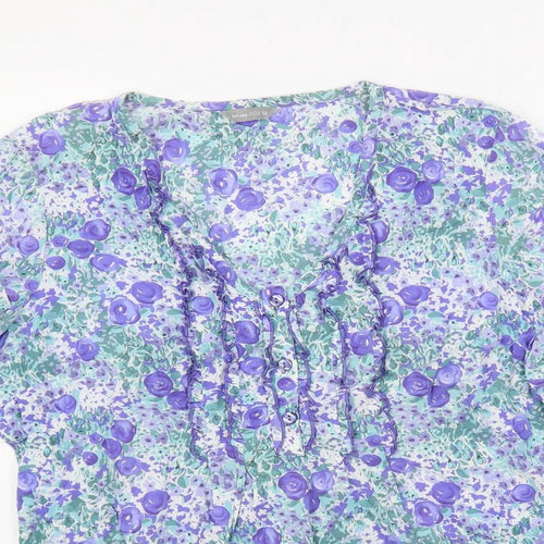 Per Una Womens Blue Floral Cotton Basic Blouse Size 12 V-Neck