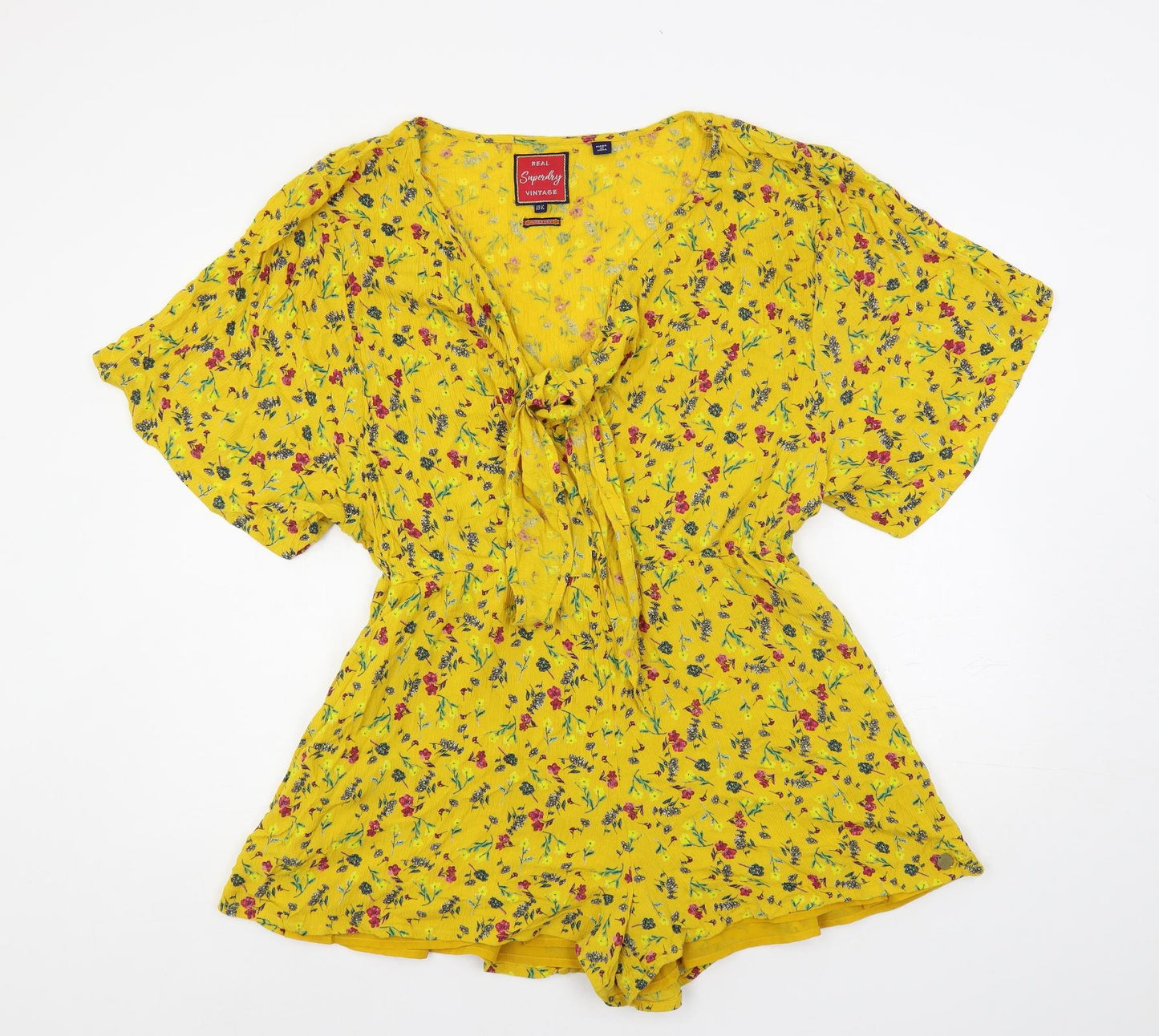 Superdry Womens Yellow Floral Polyester Playsuit One-Piece Size 12 Pullover - Elastic Waist