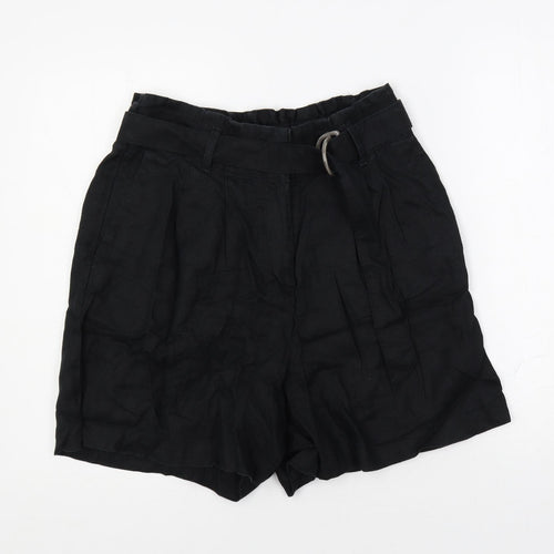 Marks and Spencer Womens Black Linen Basic Shorts Size 14 L5 in Regular Zip - Belted