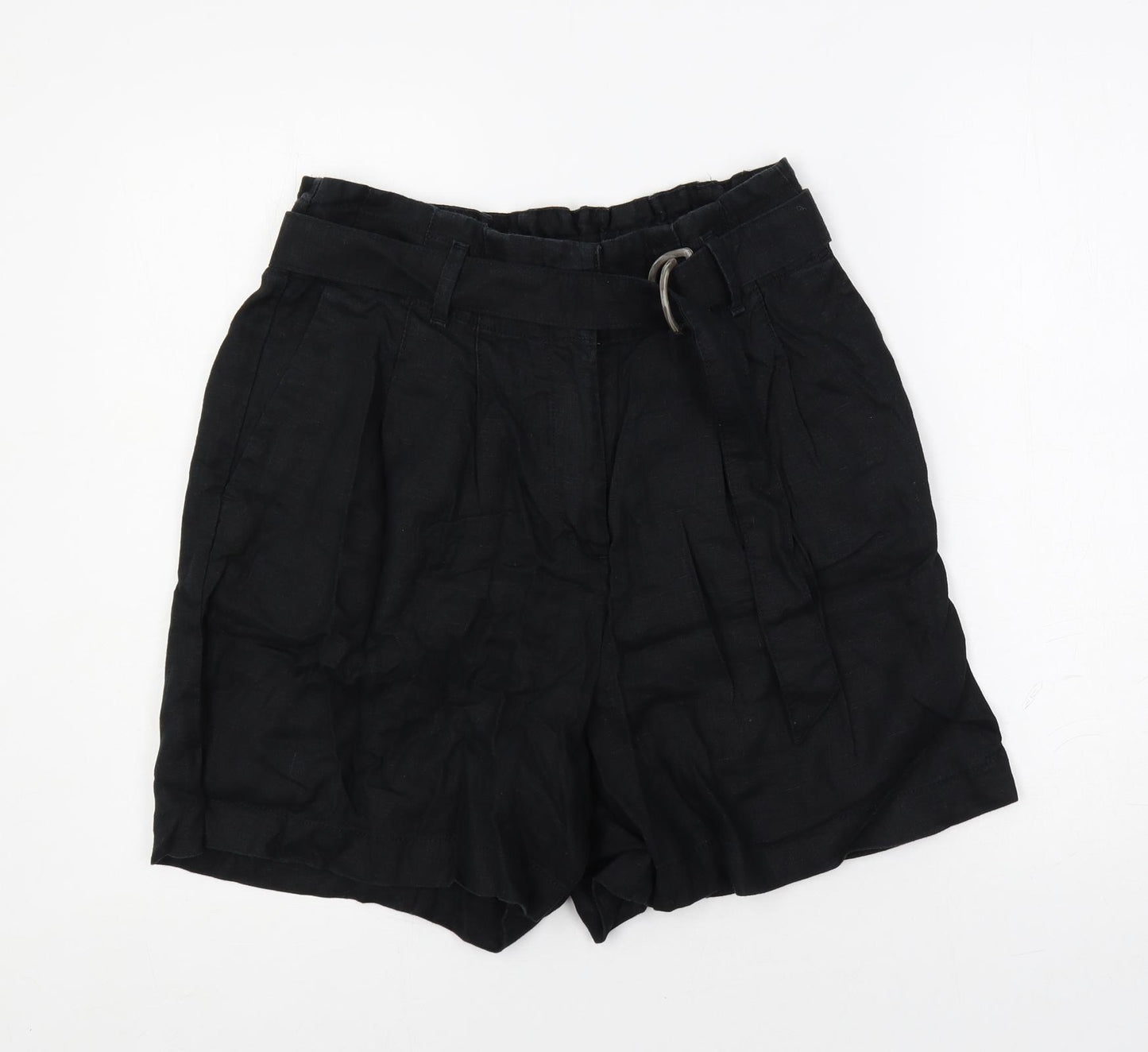 Marks and Spencer Womens Black Linen Basic Shorts Size 14 L5 in Regular Zip - Belted