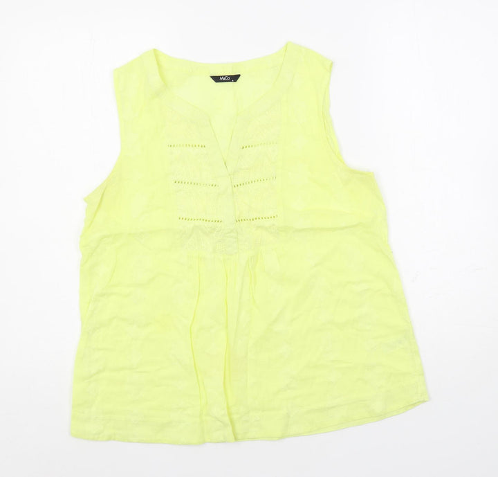 M&Co Womens Yellow Cotton Basic Blouse Size 12 V-Neck - Embroidered