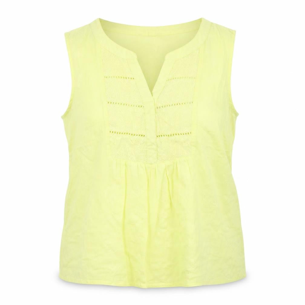 Front view of M&Co women’s yellow cotton basic blouse, size UK 12, v-neck - embroidered