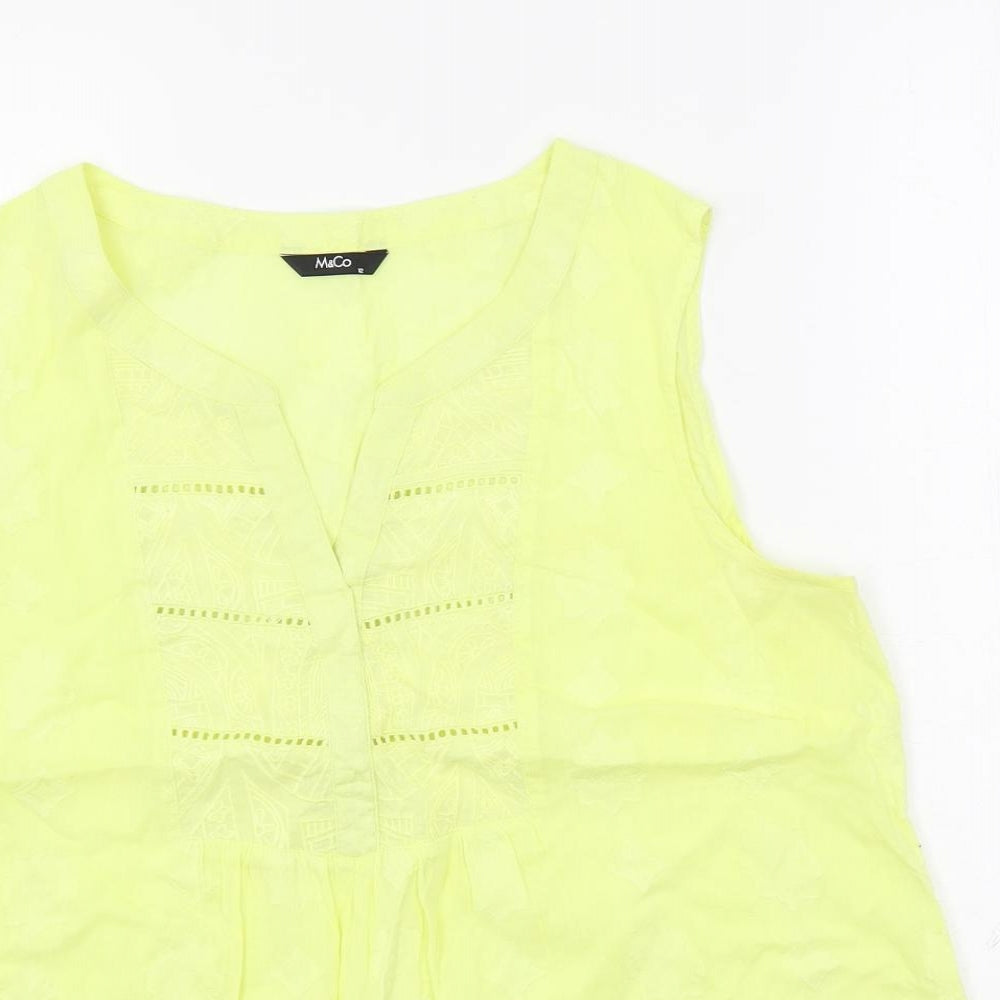 M&Co Womens Yellow Cotton Basic Blouse Size 12 V-Neck - Embroidered