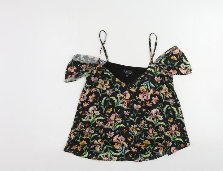 Topshop Womens Black Floral Polyester Basic Blouse Size 8 Off the Shoulder
