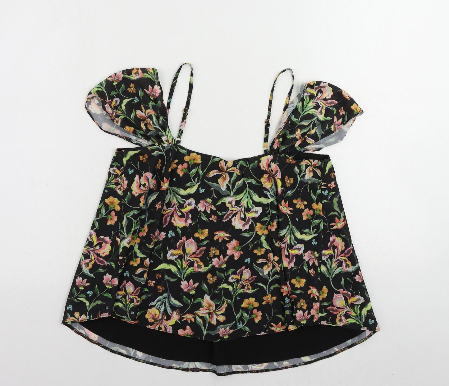 Topshop Womens Black Floral Polyester Basic Blouse Size 8 Off the Shoulder