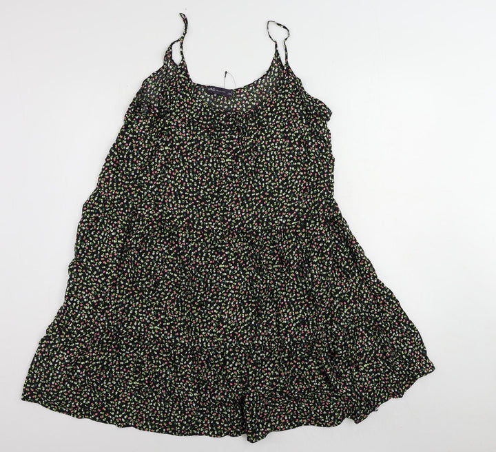 Marks and Spencer Womens Black Floral Viscose Slip Dress Size 14 Scoop Neck Pullover