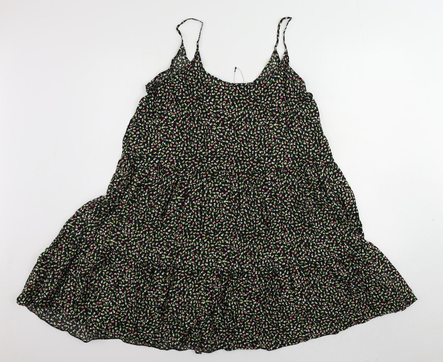 Marks and Spencer Womens Black Floral Viscose Slip Dress Size 14 Scoop Neck Pullover