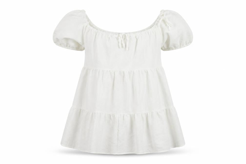 Front view of In the Style women’s white polyester mini, size UK 10, off the shoulder pullover