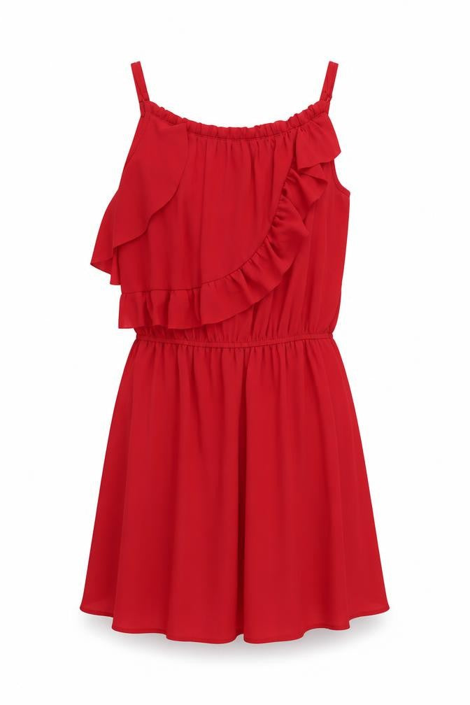 Front view of Oasis women’s red polyester slip dress, size UK 10, v-neck pullover - elastic waist