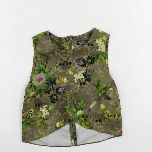 Miss Selfridge Womens Green Floral Polyester Cropped Blouse Size 6 Round Neck