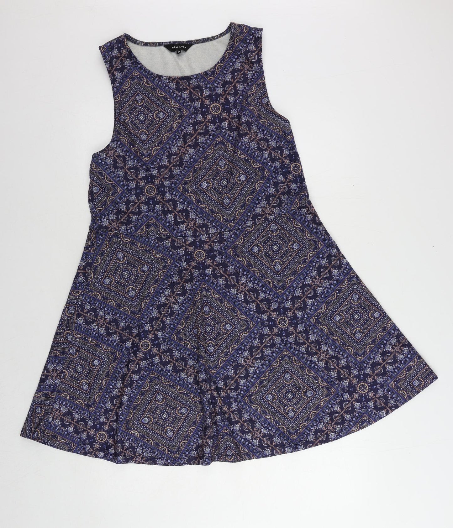 New Look Womens Blue Paisley Polyester Fit & Flare Size 16 Boat Neck Pullover