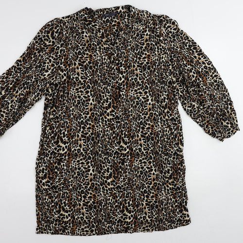 Marks and Spencer Womens Black Animal Print Viscose Shift Size 18 Round Neck Button - Pockets