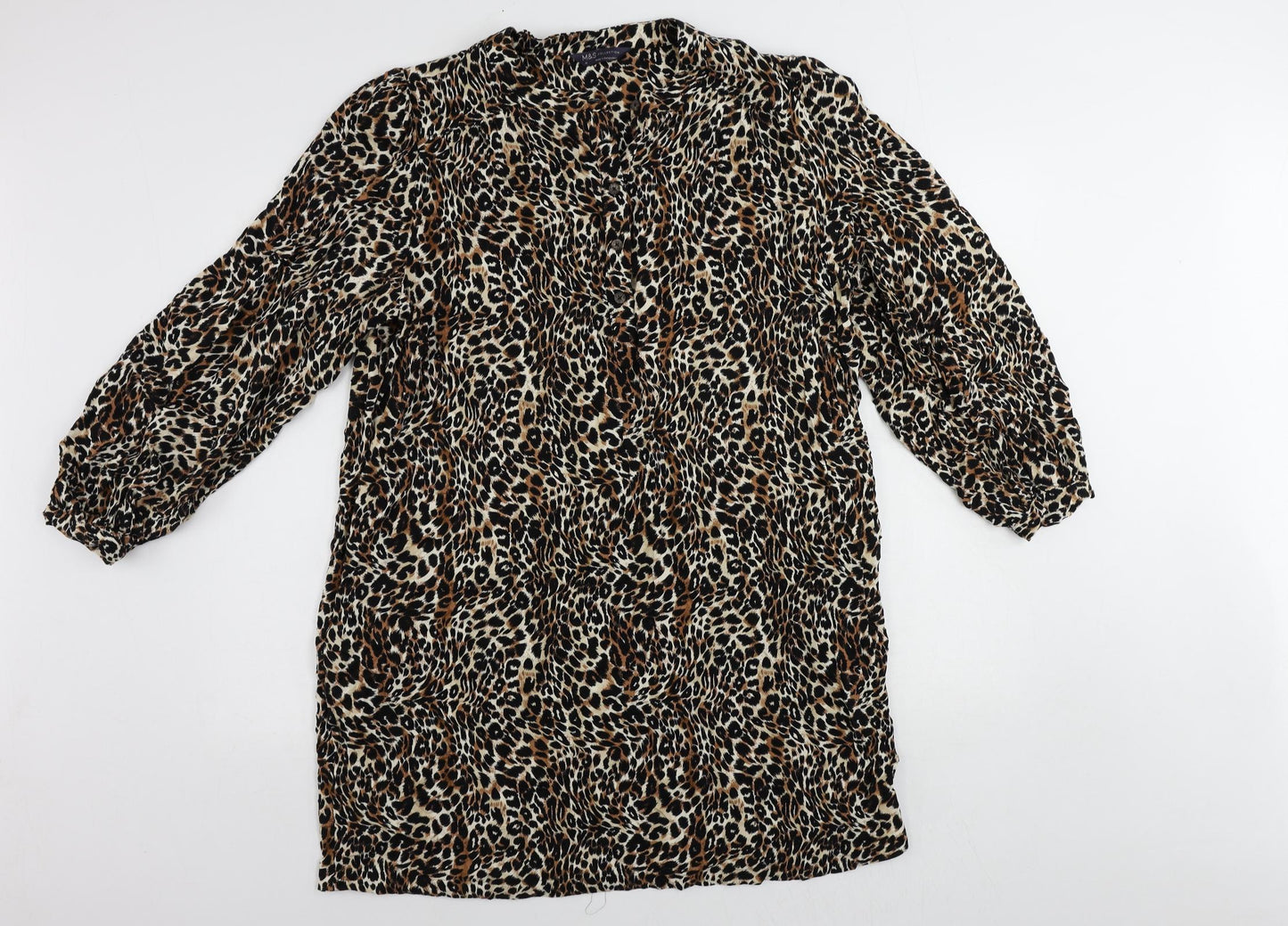 Marks and Spencer Womens Black Animal Print Viscose Shift Size 18 Round Neck Button - Pockets