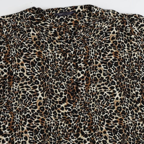 Marks and Spencer Womens Black Animal Print Viscose Shift Size 18 Round Neck Button - Pockets