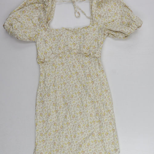 Topshop Womens Beige Floral Cotton Mini Size 10 Square Neck Zip - Puff Sleeve