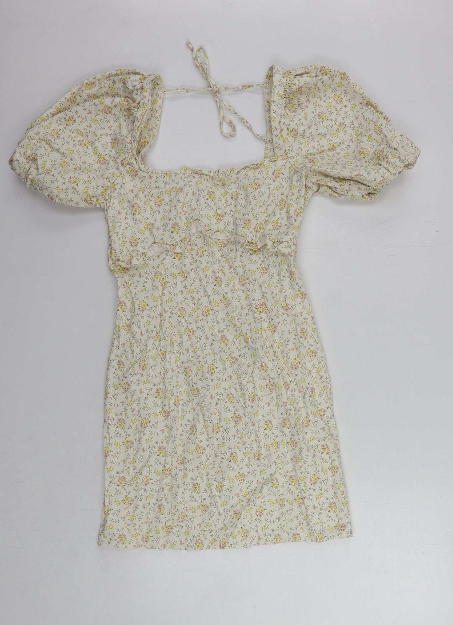 Topshop Womens Beige Floral Cotton Mini Size 10 Square Neck Zip - Puff Sleeve