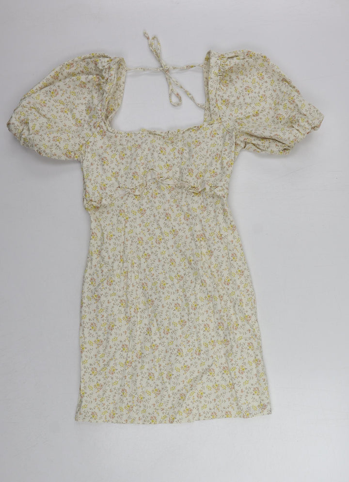 Topshop Womens Beige Floral Cotton Mini Size 10 Square Neck Zip - Puff Sleeve