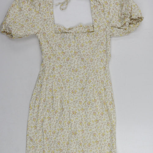 Topshop Womens Beige Floral Cotton Mini Size 10 Square Neck Zip - Puff Sleeve