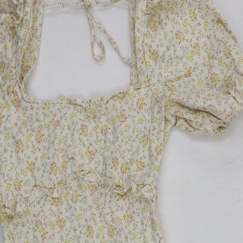 Topshop Womens Beige Floral Cotton Mini Size 10 Square Neck Zip - Puff Sleeve