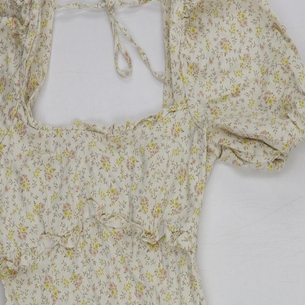 Topshop Womens Beige Floral Cotton Mini Size 10 Square Neck Zip - Puff Sleeve