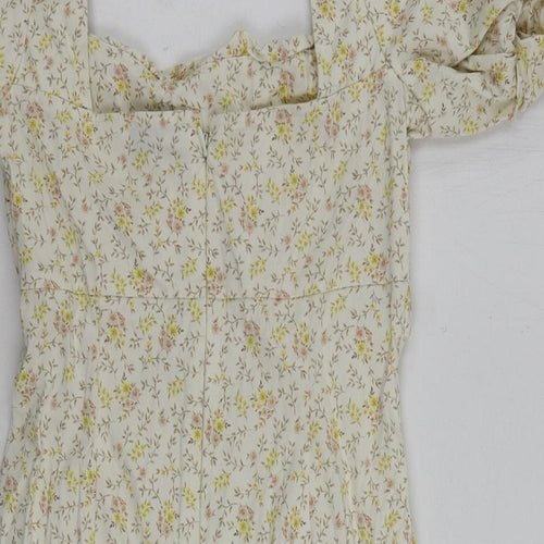 Topshop Womens Beige Floral Cotton Mini Size 10 Square Neck Zip - Puff Sleeve