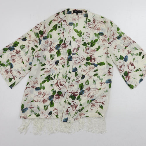 New Look Womens White Floral Polyester Kimono Blouse Size 10 V-Neck - Open Fringe