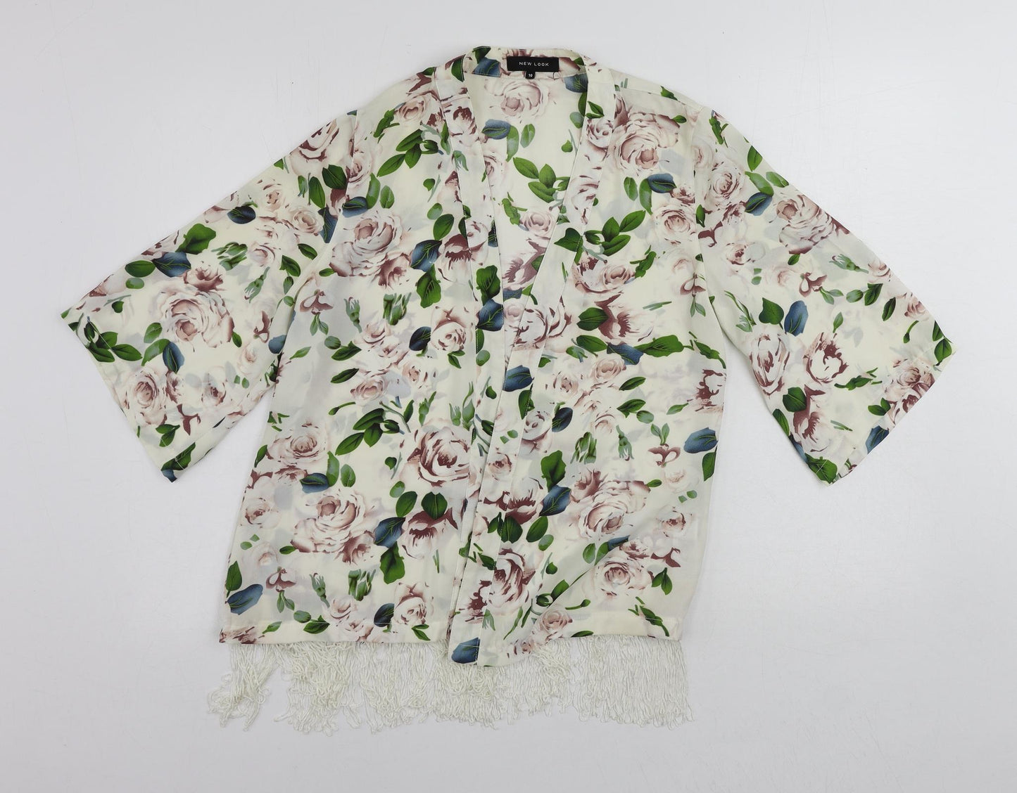 New Look Womens White Floral Polyester Kimono Blouse Size 10 V-Neck - Open Fringe