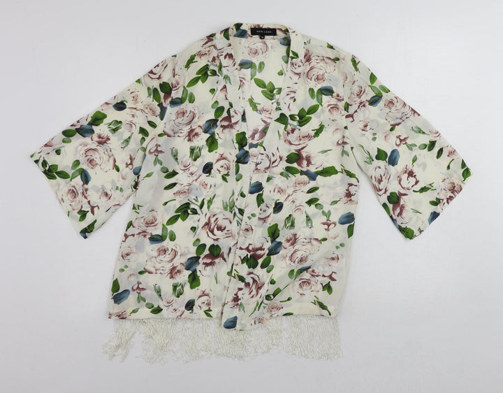 New Look Womens White Floral Polyester Kimono Blouse Size 10 V-Neck - Open Fringe