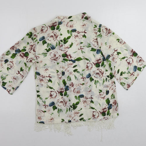 New Look Womens White Floral Polyester Kimono Blouse Size 10 V-Neck - Open Fringe