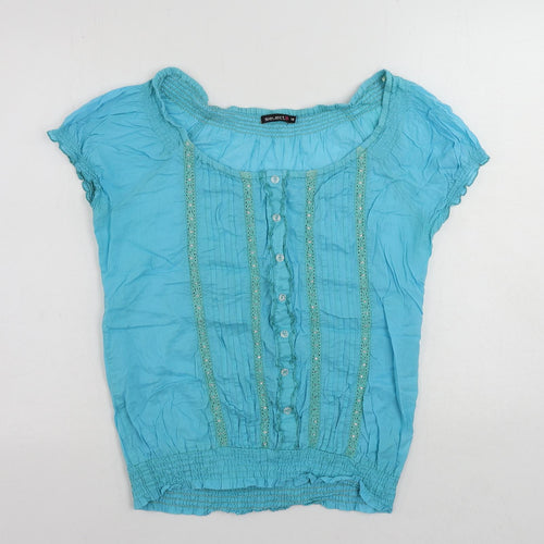 Select Womens Blue Cotton Basic Blouse Size 14 Boat Neck - Sequin