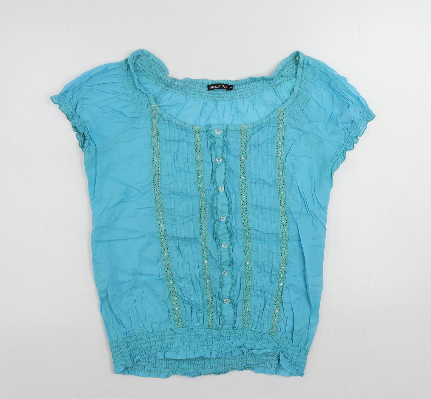 Select Womens Blue Cotton Basic Blouse Size 14 Boat Neck - Sequin