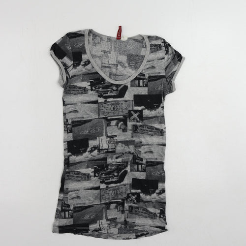 Divided by H&M Womens Grey Geometric Cotton Basic T-Shirt Size 8 Round Neck