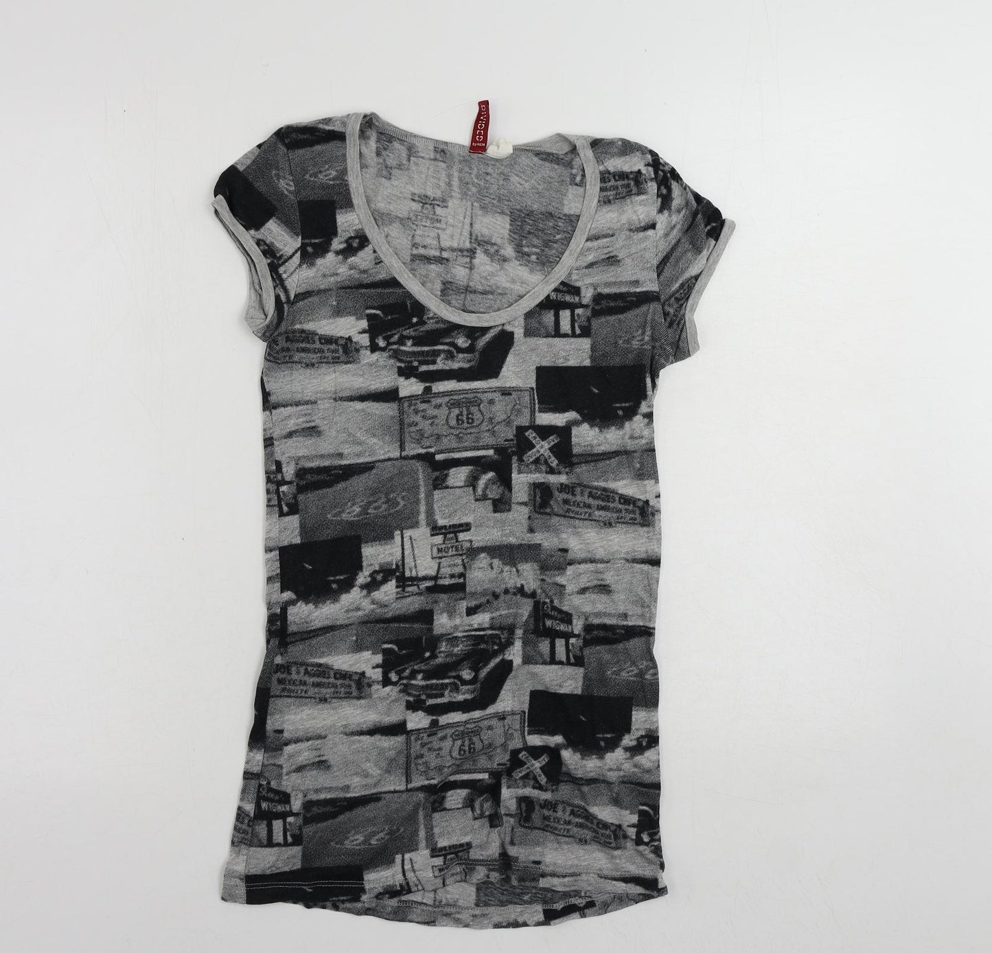 Divided by H&M Womens Grey Geometric Cotton Basic T-Shirt Size 8 Round Neck